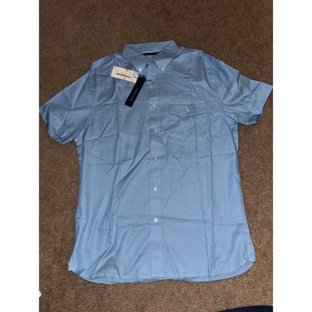 Perry Ellis Men’s Collared Shirt With Pocket Short Sleeve Blue Button Down SMALL
